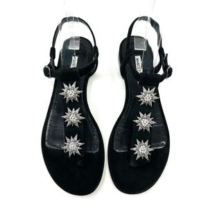 Manolo Blahnik Ghazalina Black Suede Flat Embellished Thong T-Strap Sandals 37 7